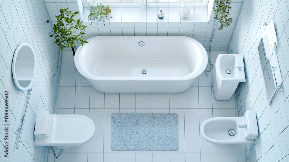 Bathroom interior top view, white room with bathtub, toilet bowl, bidet ...