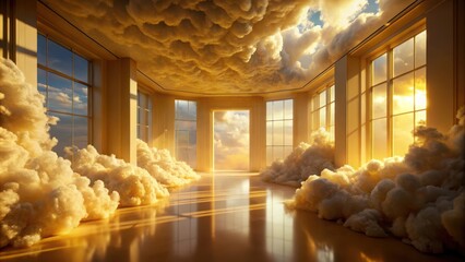 Poster - A room with a view of a cloudy sky, the clouds seem to spill in through the windows and engulf the space.
