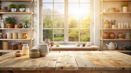 Poster - A rustic wooden table with a bright window view and shelves filled with pottery and plants in a cozy room