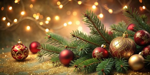 Poster - Festive Christmas Ornaments Adorned with Golden Glitter Resting on a Bed of Sparkling Gold, Illuminated by a String of Warm White Lights
