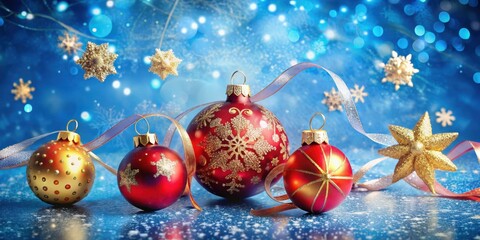 Poster - Festive Baubles with Glittering Accents Against a Blue Background of Sparkling Lights and Delicate Snowflakes