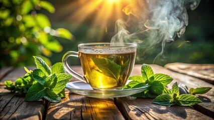 Poster - A steaming cup of herbal tea with fresh mint leaves on a rustic wooden table, bathed in the golden glow of the setting sun.