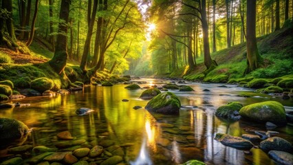 Poster - A tranquil forest stream flows through a lush canopy, sunlight filtering through the leaves, illuminating the mossy rocks and creating a picturesque scene.