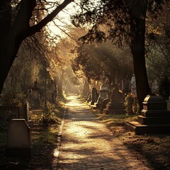 Wall Mural - Sunlit Path Through a Tranquil Cemetery