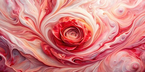 Poster - A single red rose engulfed in a swirling vortex of pastel pink and white abstract fluid art.
