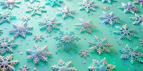 Poster - A festive pattern of silver and turquoise snowflakes scattered on a turquoise background, creating a winter wonderland scene.