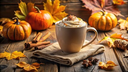 Canvas Print - A Cozy Autumnal Scene with a Cup of Creamy Spiced Latte, Pumpkins, and Cinnamon Sticks on a Rustic Wooden Table