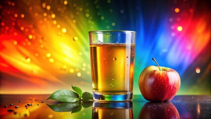 Poster - A Refreshing Glass of Apple Juice with a Ripe Red Apple and Green Leaves Against a Vibrant Rainbow Background