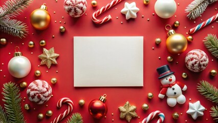 Poster - A festive Christmas greeting card mock-up with red and white ornaments, candy canes, a snowman, and pine branches on a red background.