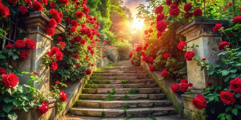Poster - A stone staircase lined with lush green foliage and vibrant red roses basking in the warm glow of the setting sun.