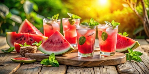 Poster - Refreshing Watermelon Mint Cocktails on a Rustic Wooden Table with Summer Sunlight Shining Through the Green Foliage