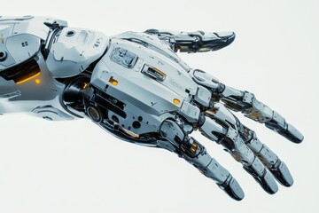Poster - Close-up of a robotic hand, white and metallic, with orange accents, against a white background.