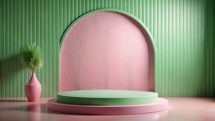 Aufkleber - Abstract Minimalist Scene with Green and Pink Geometric Shapes and a Single Plant in a Vase