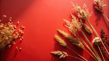 Aufkleber - Golden Dried Flowers on Red Background with Sunlight
