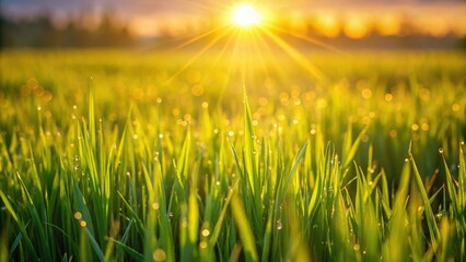 Aufkleber - A field of vibrant green grass illuminated by a golden sunrise, with glistening dew drops catching the light, creating a mesmerizing scene of nature's beauty.