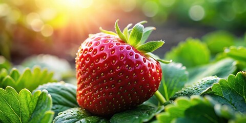 Poster - A Close-Up of a Ripe Strawberry Glowing in the Morning Sunlight, Nestled Among Dewy Green Leaves