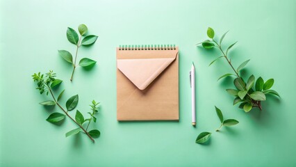 Poster - A simple and minimalist green background with a kraft paper notebook, a white pencil, and green leaves arranged in a natural and balanced composition.