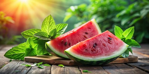 Poster - Juicy Watermelon Slices with Fresh Mint on a Rustic Wooden Board, Capturing the Essence of Summer's Sweetness