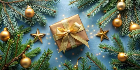 Poster - A golden gift box wrapped in a festive bow nestled among evergreen branches adorned with shiny baubles and star-shaped ornaments, creating a dazzling holiday scene.