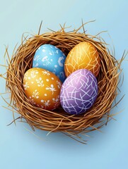 Wall Mural - Easter card with decorated, colorful eggs in raffia nest.