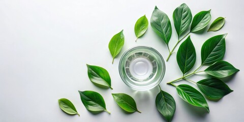 Aufkleber - A simple, clean arrangement of green leaves surrounding a glass bowl on a white background