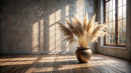 Wall Mural - A simple rustic interior scene with a single pot of dried grasses and a window casting shadows on the wall and floor