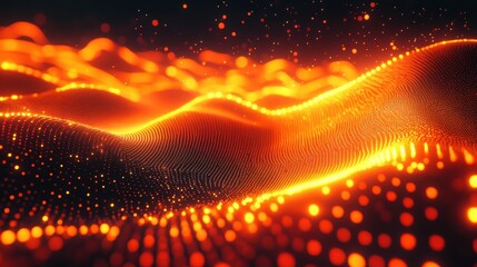 Poster - glowing orange abstract waves with particles in motion