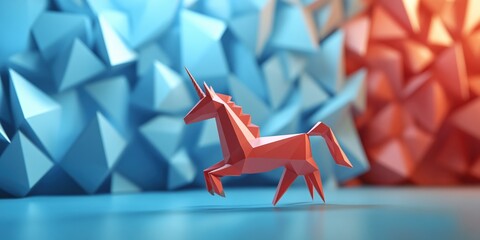 Poster - Low Poly Unicorn in Abstract Geometric Landscape