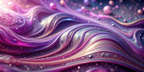 Poster - Abstract Wavy Purple and Pink Liquid Surface with Shimmering Glitter and Scattered Spheres