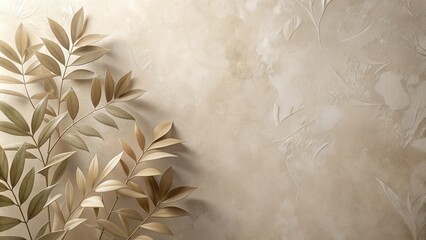 Aufkleber - Textured beige background with light brown leaf branches on the left side, creating a minimalist and elegant composition.