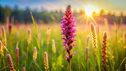 Aufkleber - A single pink flower stands tall in a field of wildflowers bathed in the golden light of the setting sun.