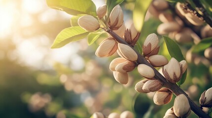 Sunlit branch of pistachios with leaves in a garden setting