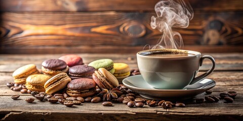 Poster - Aromatic Steam Rising from a Cup of Coffee with Macarons and Coffee Beans on a Rustic Wooden Table