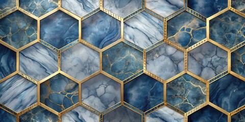 Leinwandbilder - Abstract Geometric Pattern of Golden Hexagon Frames Adorned with Blue and White Marble Tiles