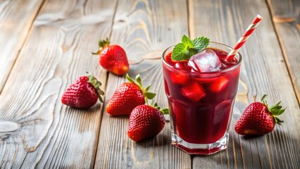 Poster - A refreshing summer drink with a hint of mint, served in a glass with ice and a straw, surrounded by fresh ripe strawberries on a rustic wooden surface.
