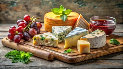 Poster - A Rustic Tabletop Still Life Featuring an Assortment of Cheeses, Grapes, and Fresh Herbs on a Wooden Cutting Board