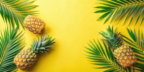 Poster - Tropical Pineapple and Palm Leaf Composition on Yellow Background
