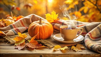 Poster - A steaming cup of coffee nestled amidst autumn leaves, a pumpkin, and a cozy blanket, a scene of warmth and comfort.