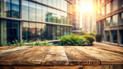 Poster - A Wooden Tabletop Against a Blurred Background of a Modern Building with Sunshine in the Sky
