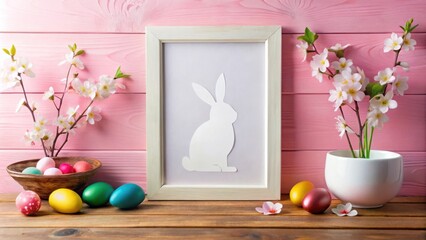 Poster - Easter decorations with a white bunny silhouette in a picture frame, colorful eggs, and cherry blossoms on a pink wooden background.