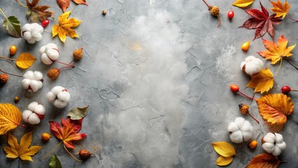 Poster - Autumnal Composition with Cotton Balls and Fallen Leaves on a Gray Background