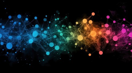 Poster - a web of glowing nodes and lines, in a spectrum of vibrant colors, pulsing with energy against a dar