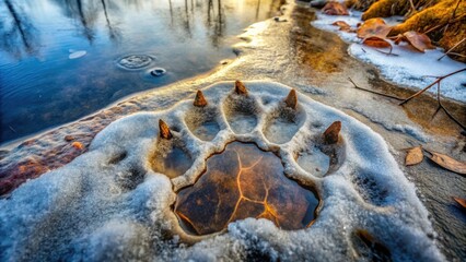 Aufkleber - A large paw print filled with melted snow and water reflecting the sunlight on a cold winter day.