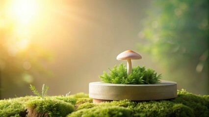 Poster - A single mushroom sprouts from a bed of green moss, bathed in the soft light of the morning sun.