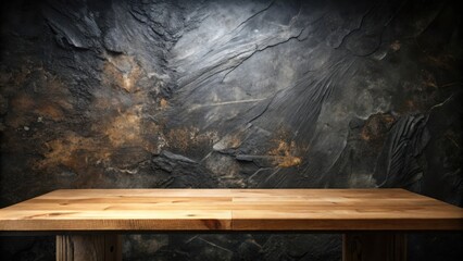 Poster - A rustic wooden table top set against a backdrop of textured slate stone, creating a natural and inviting scene for showcasing products or ideas.
