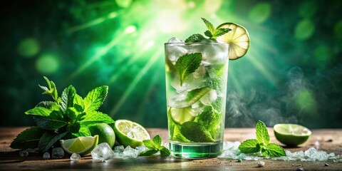 Aufkleber - A refreshing glass of mint and lime beverage, surrounded by fresh ingredients and ice, with a green background and sunbeams shining through