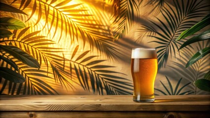 Poster - A Cold Glass of Beer Resting on a Wooden Table With Palm Tree Silhouette Background