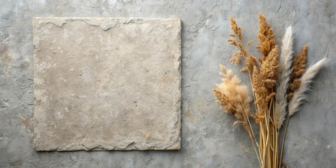 Aufkleber - A single, weathered stone tile placed against a mottled gray surface, accented by a bouquet of dried grasses and pampas plumes