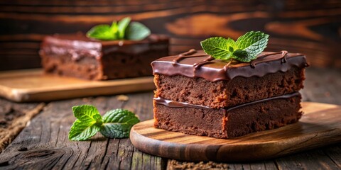 Poster - A double-layer chocolate cake with a rich chocolate glaze and a sprig of fresh mint, a sweet and delicious treat for any occasion