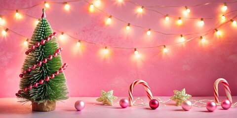 Poster - A Festive Christmas Tree Adorned with Pink Baubles and Candy Canes, Lit by Twinkling Fairy Lights Against a Soft Pink Background